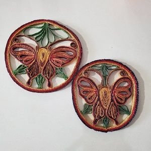 Vintage Woven Butterfly Trivet Set Straw Boho Folk